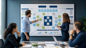 Equipe alinhando objetivos estratégicos e planos de ação em uma Matriz X do Hoshin Kanri