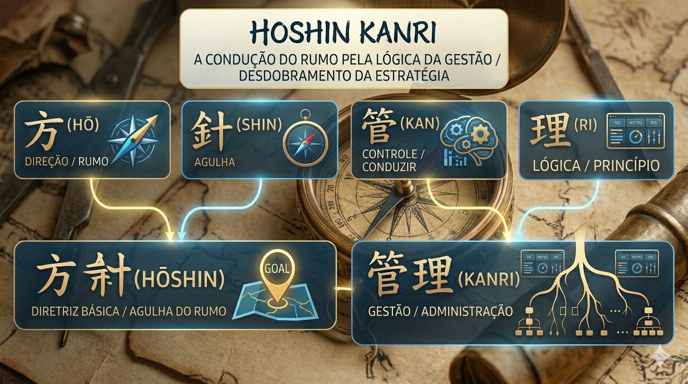 Composição visual do significado de Hoshin Kanri, com direção, agulha, gestão e lógica