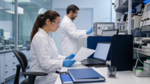 Profissional de laboratório revisando resultados com controles de imparcialidade e confidencialidade