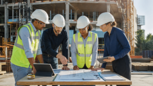 Equipe de pequena construtora analisando controles de qualidade e planejamento de obra