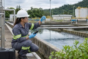 Profissional coleta amostra em estação de tratamento para controle de reúso de água e efluentes