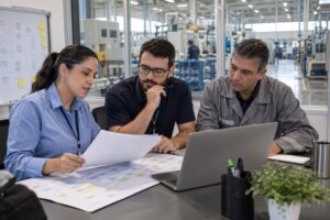 Equipe analisa documentos e processos para a transição à ISO 9001:2026 em ambiente industrial