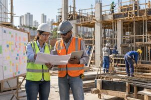 Engenheira e supervisor integram planejamento Lean e controles do PBQP-H no canteiro de obras