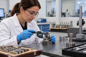 Profissional de laboratório realiza medição controlada com instrumento calibrado.