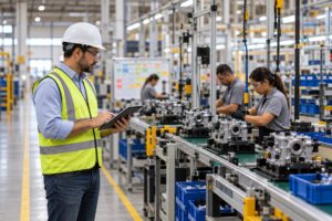 Operador acompanha o desempenho de uma linha de produção em ambiente industrial.